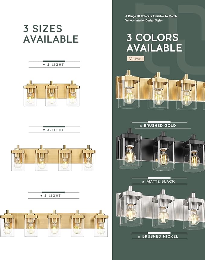 METWET Bathroom Light Fixtures, 4-Light Modern Wall Sconces