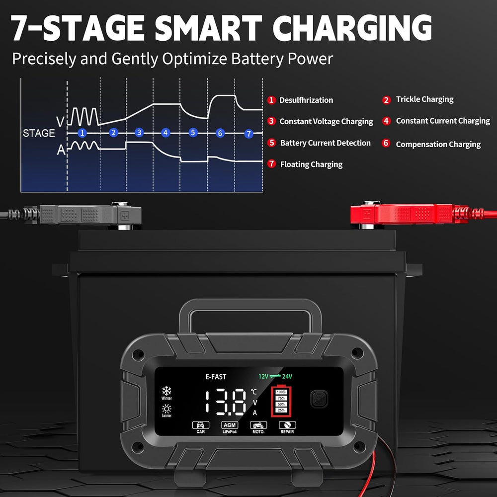 E-FAST Battery Charger 0-20A 12/24V Lifepo4 Lead Acid Automatic Smart Car Bat...
