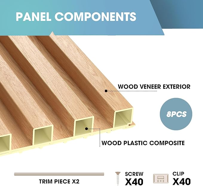 OUZUGIE WPC Acoustic Slat Wall Paneling, Living Room, TV Background, Study Room (8-Pack)