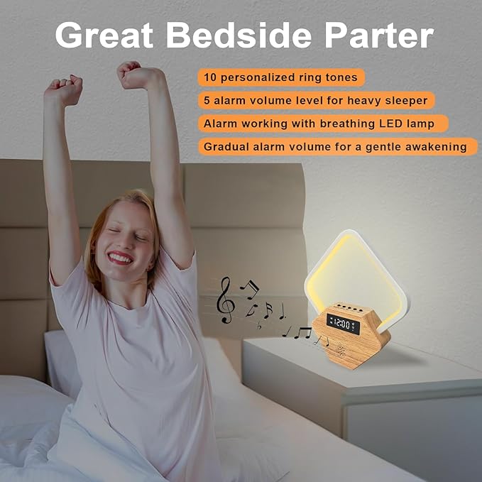 Wood Sunrise Alarm Clock with White Noise Machine 3 Color Night Light 15