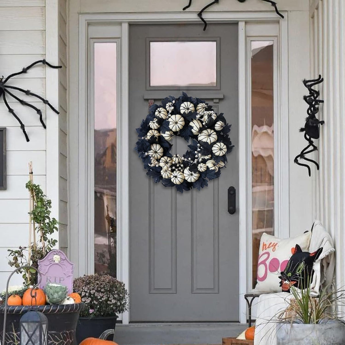 22inch Halloween Wreath Black Maple Leaf Wreaths White Pumpkin Wreath Holiday Decoration Party Party Celebration Wreaths Front Door Back Door Hallway Patio Decoration（White）