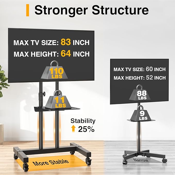 TVON Rolling TV Stand for 32-83 inch Flat Screen/Curved TVs up to 110 lbs