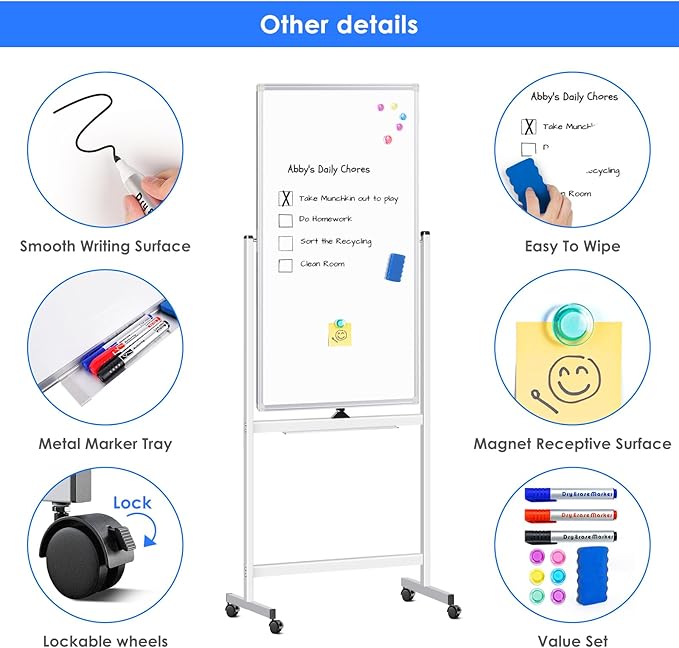 Magnetic Mobile White Board, 48 x 24 Double Sided Dry Erase Board Rolling