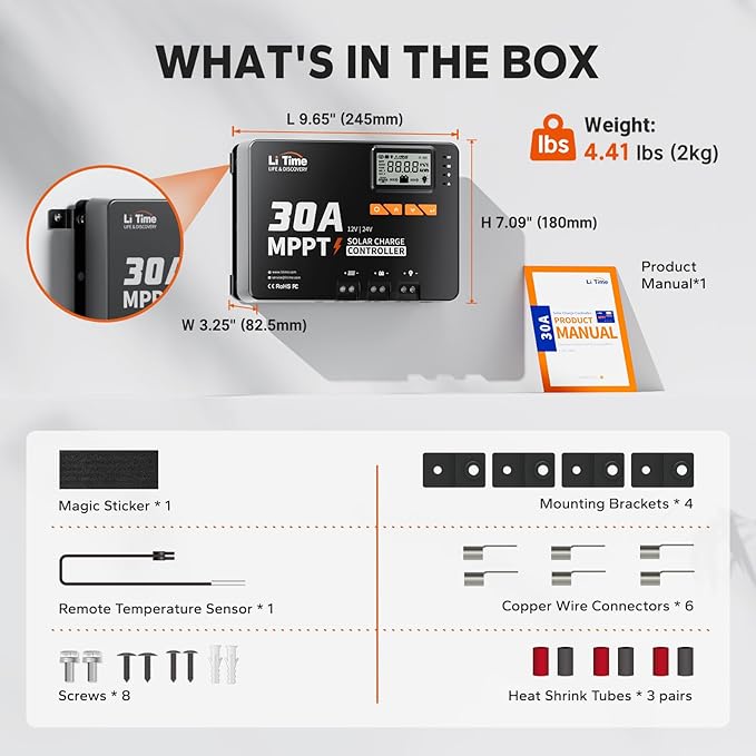 LiTime 30 Amp MPPT 12V/24V/Auto DC Input Solar Charge Controller Build-in