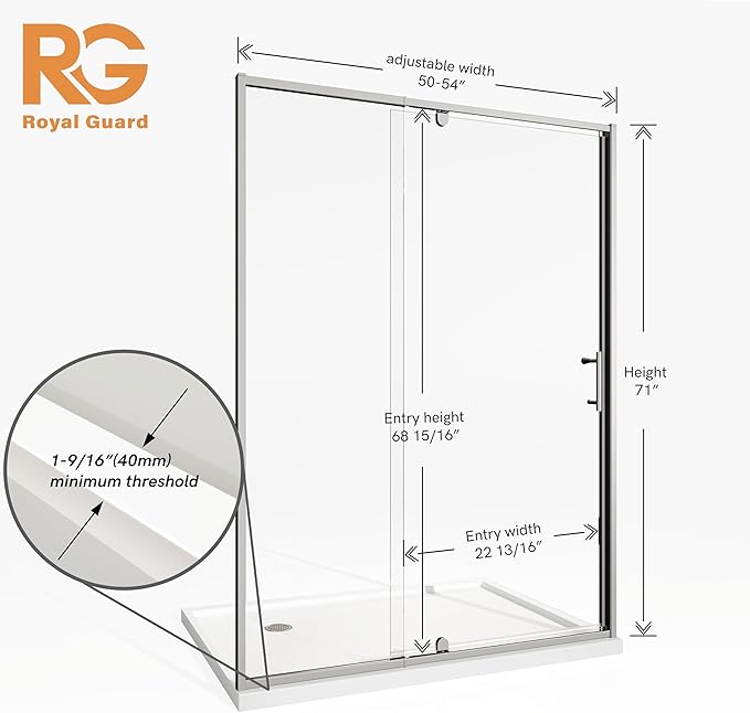 50-54" W x 71" H Pivot Swing Glass Shower Door, Pivot Frame Shower Door