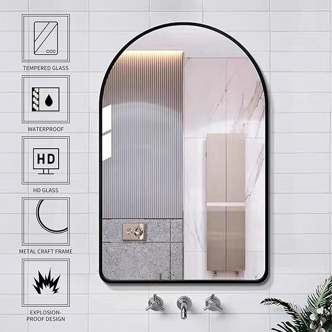 24x36 Inch Premium Black Arched Tempered Glass Mirror Shatter Resistant No
