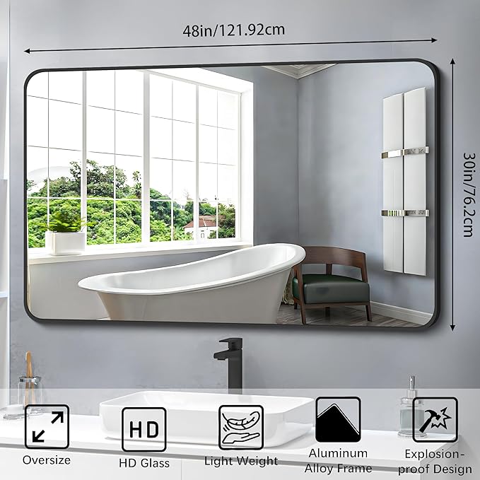 FORBATH Black Bathroom Mirror, Rectangular Vanity Mirror 30 x 48 Inch Wall