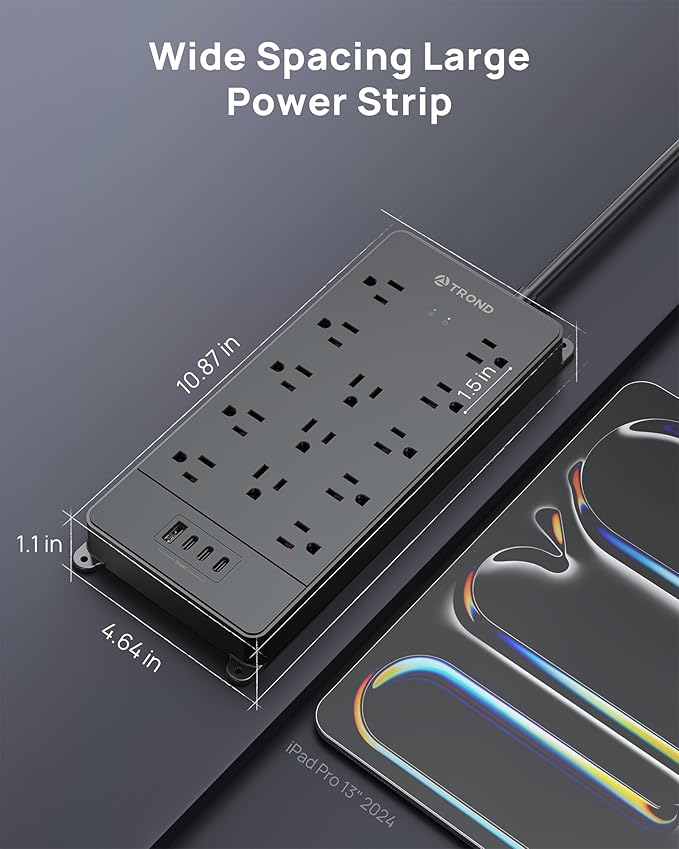 TROND 360° Rotating Flat Plug, Surge Protector Power Strip, 13AC Widely Spaced