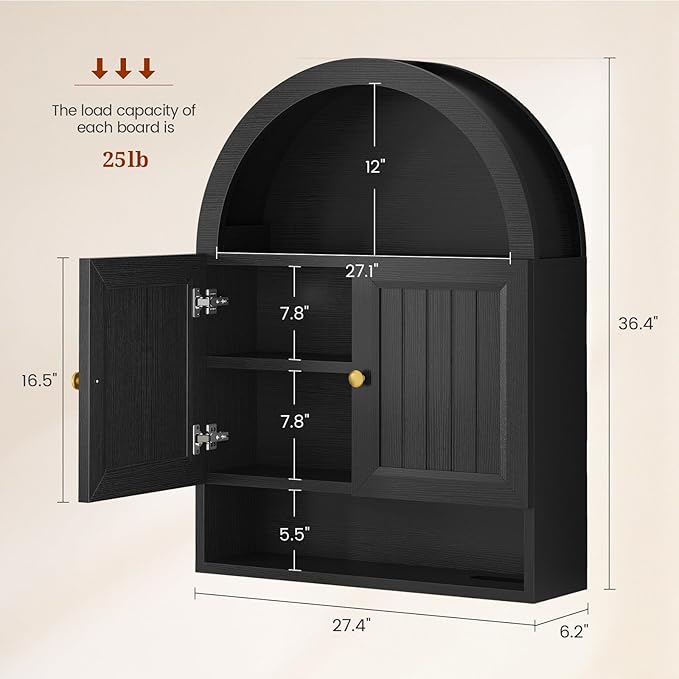 Arched Bathroom Wall Cabinet, 27.4 x 36.4'' Over The Toilet Cabinet