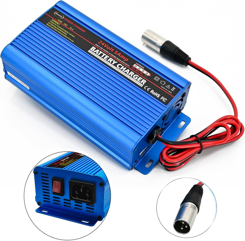 Unocho 24V 5A Battery Charger 4-Stage Smart Lead-Acid Charger with 3-Pin XLR Connector Power Switch and LED Display for Wheelchairs Mobility Scooters AGM Gel SLA VRLA