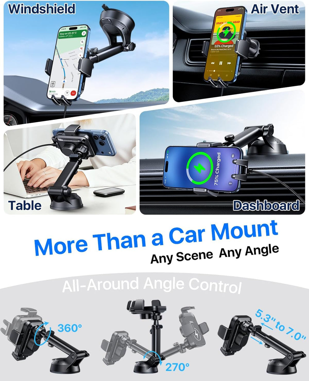 YRU Wireless Car Charger 【90+LBS Strongest】 15W Auto Clamping Phone Holder
