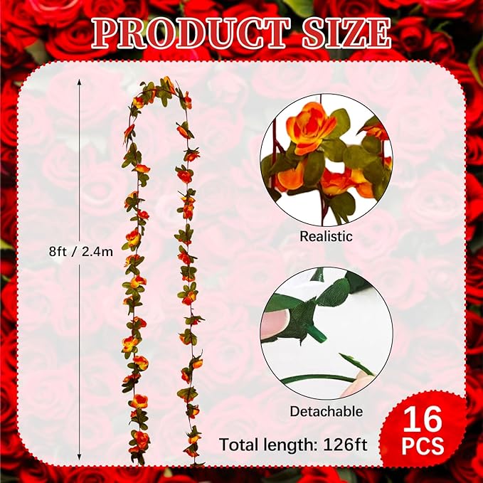 16Pcs 126Ft Orange Rose Garland, Fake Rose Hanging Flowers, Artificial Flower Vine, Hanging Floral Vine Garland for Wedding, Birthday Party, Wall Arch, Halloween, Christmas Garden Backdrop Decor