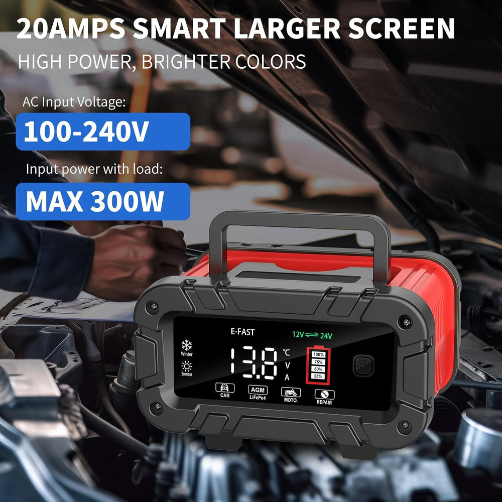 E-FAST Battery Charger 0-20A 12/24V Lifepo4 Lead Acid Automatic Smart Car Bat...