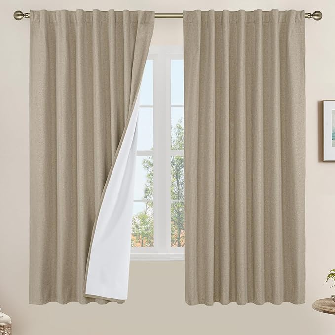 LAMIT 100% Blackout Linen Curtains 63 Inches Long, Linen Textured Living Room