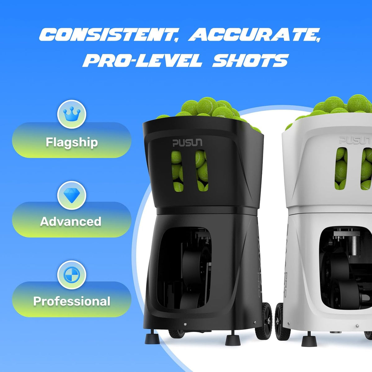 PUSUN｜PT-Smart Pro Internal Oscillation Tennis Ball Machine: App with 12 Built-in Training Modes, 28-Pt Custom Drills,75MPH, 5H,32.6lb Portable for Tennis & Padel,Training, Practice,Beginners to Pros