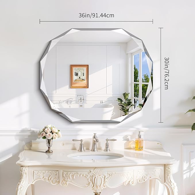 GLASHOM Frameless Bathroom Mirror, 30x36 inch Vanity Mirror Beveled Edge Wall