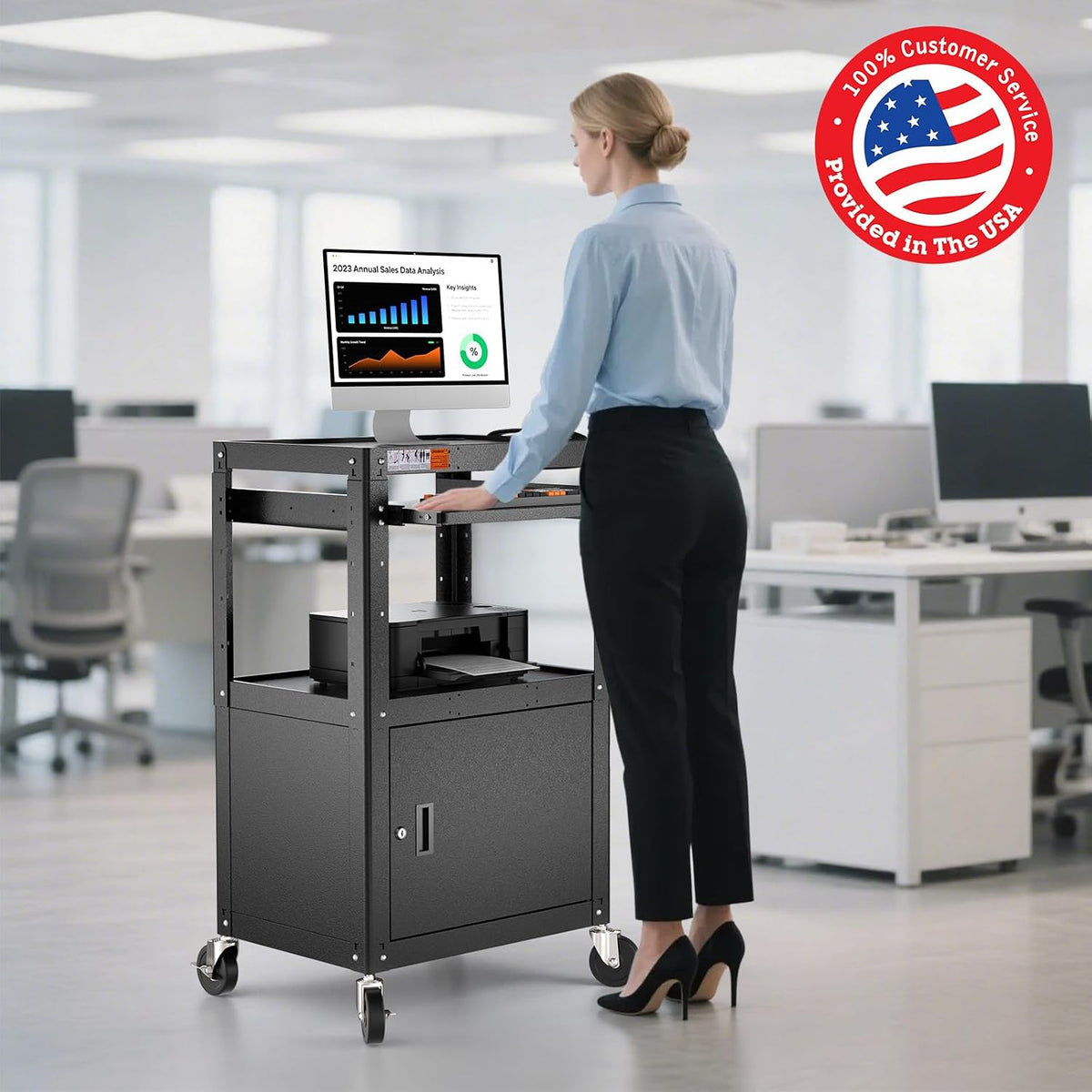 POCHAR Steel Large AV Cart with Locking Cabinet - Adjustable Height Media Carts with Wheels, Pullout Tray, Power Strip for Mobile Work Station - Rolling Computer Cart for Office Classroom Presentation
