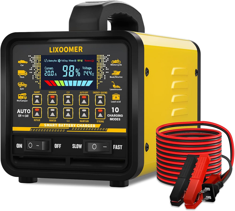 Upgraded 12V/24V 0-20A Smart Car Battery Charger & Automatic Maintainer