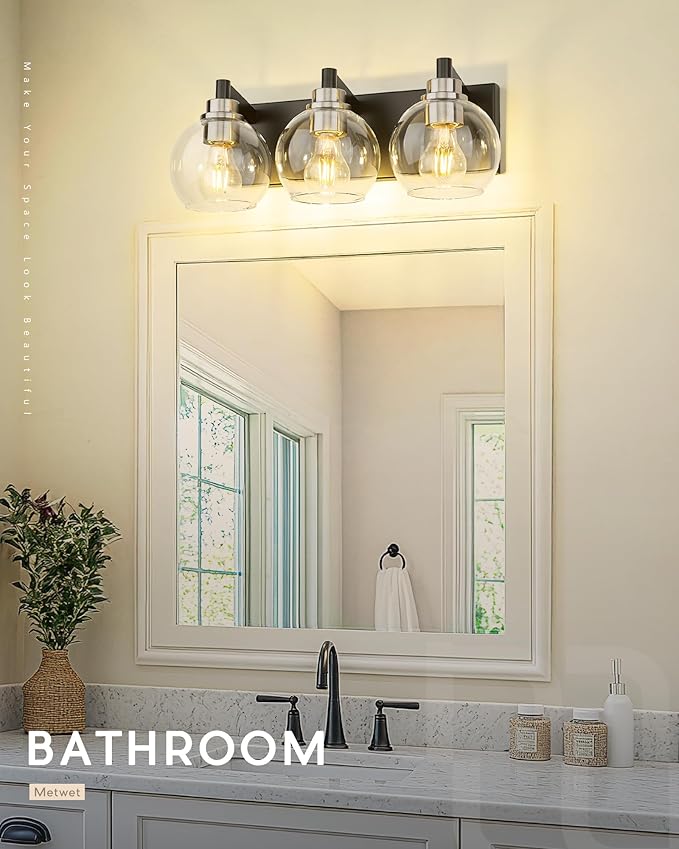 METWET Bathroom Light Fixtures, 3-Light Black and Brushed Nickel Bathroom
