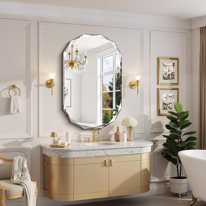 GLASHOM Frameless Bathroom Mirror, 30x48 inch Beveled Bathroom Mirror Wall