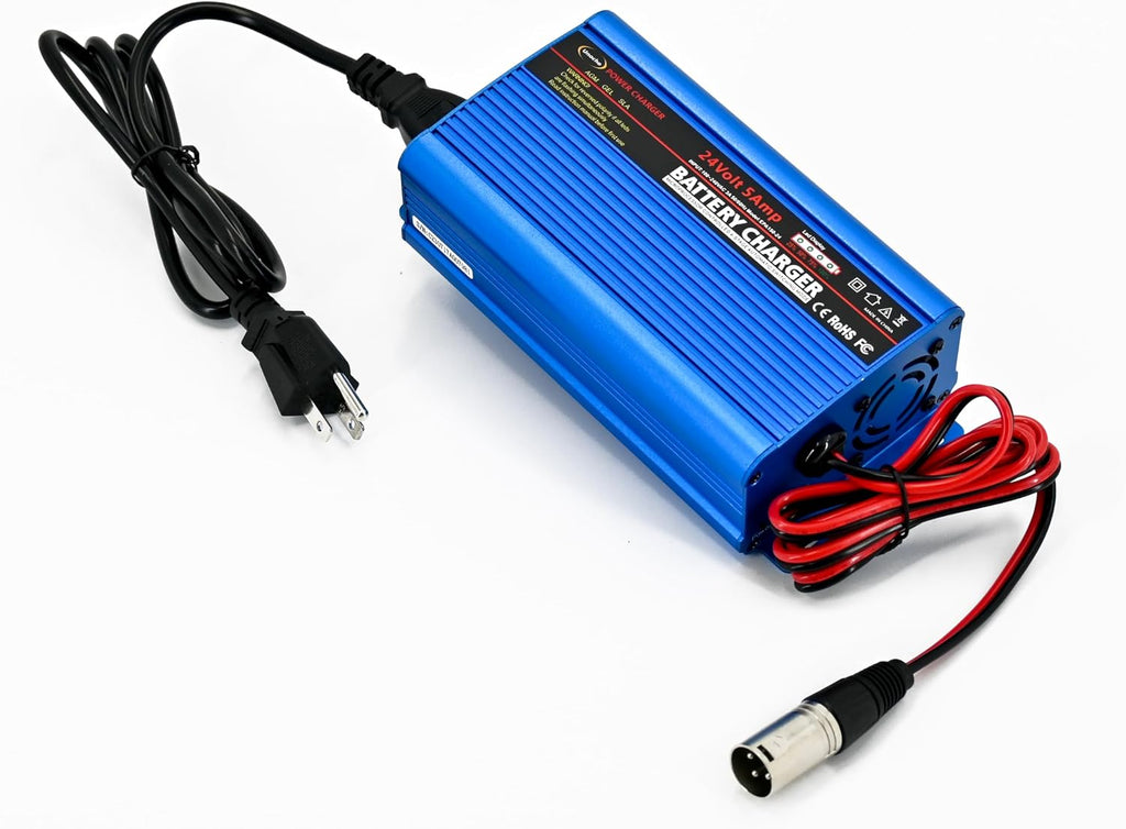 Unocho 24V 5A Battery Charger 4-Stage Smart Lead-Acid Charger with 3-Pin XLR Connector Power Switch and LED Display for Wheelchairs Mobility Scooters AGM Gel SLA VRLA