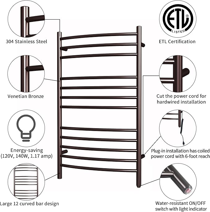 HEATGENE Towel Warmer Venetian Bronze, Electric Hot Towel Rails, Wall-Mounted