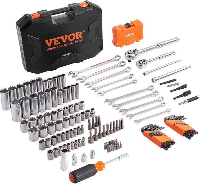 VEVOR Mechanics Tool Set and Socket Set, 1/4" and 3/8" Drive Deep and Standard (145 Pcs)