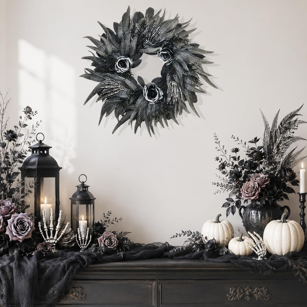 24 Inch Black and Silver Rose Halloween Wreath with 3 Skeleton Hands