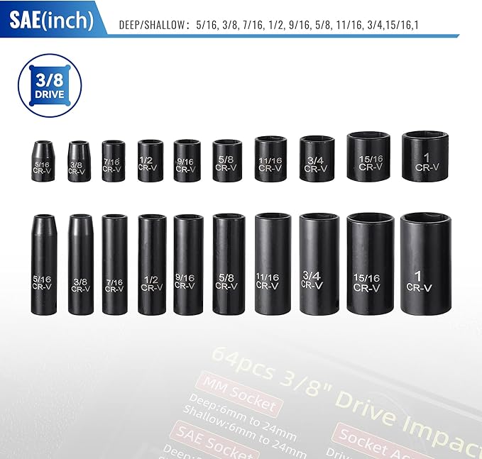 64-Piece 3/8" Drive Socket Set, SAE & Metric, Deep & Shallow, 72-Tooth Ratchet