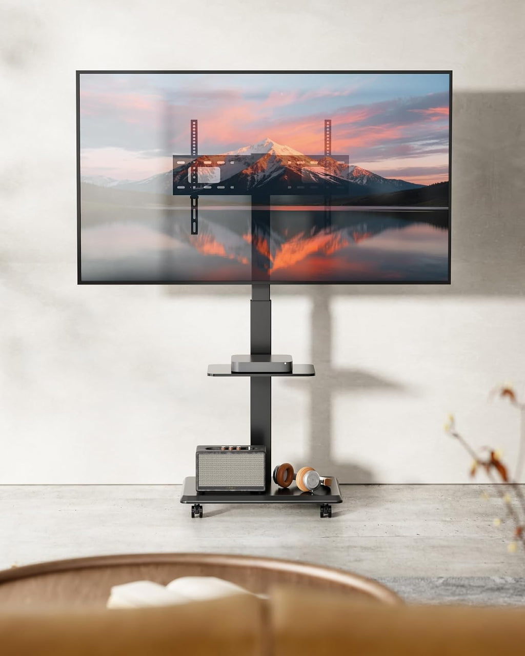 Steel Base Rolling TV Stand for 32-75 inch TVs up to 110 lbs, Black