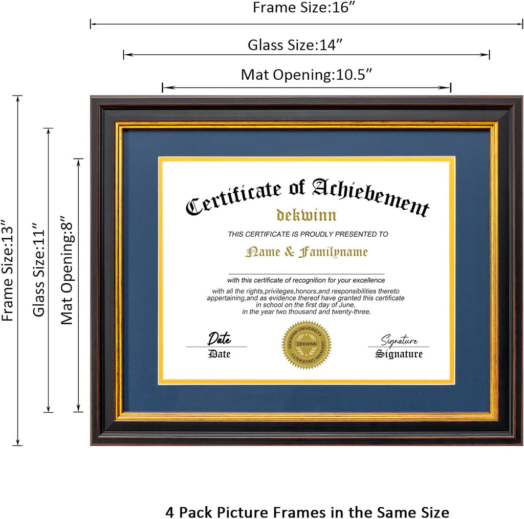 Diploma Frames 8.5x11 with Mat or 11x14 without Mat,4 Pack Certificate Document Frame with Real Glass,Black Gold & Burgundy Molding(Blue/Gold Double Mat)