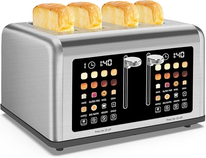 4 Slice Toaster Touch Screen, Stainless Steel Toasters Digital Timer, Dual