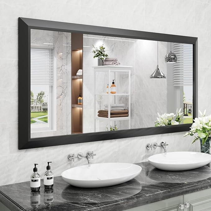 Amorho Bathroom Mirror Black, 60 X30 Inch Thick Metal Framed Wall Mirrors