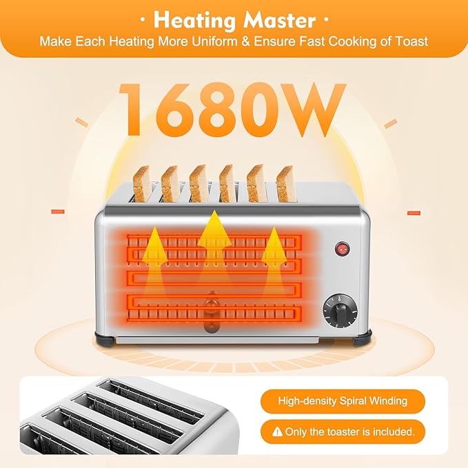 6 Slices Toaster, 1680W Commercial Bread Baking Machine