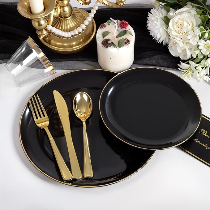 NOCCUR 350PCS Black and Gold Plastic Plates - Black Disposable Dinnerware Set for 50 Guests, 100 Dinner/Dessert Plates, 150 Gold Silverware, 50 Cups&50 Napkins for Party/Birthday/Halloween/NewYear