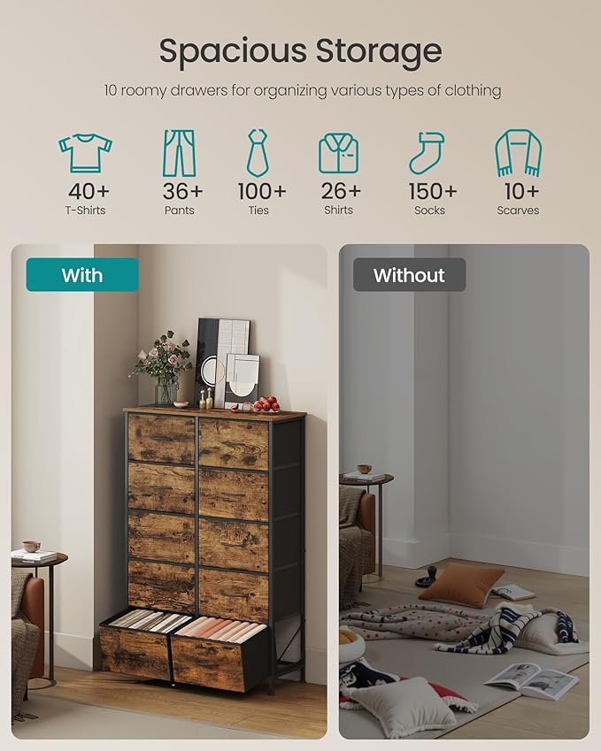 SONGMICS Dresser for Bedroom, Chest of Drawers, 10 Non-Woven Fabric Drawers