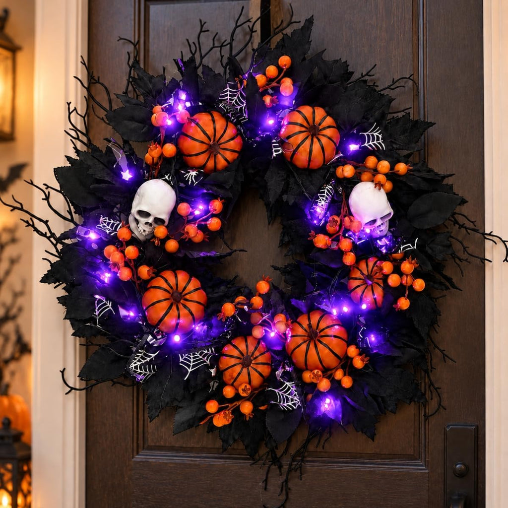 20" Halloween Wreath for Front Door, Black Gothic Spooky Outdoor Décor