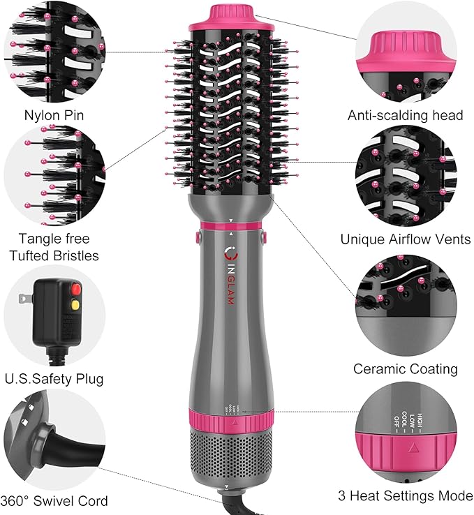 IG INGLAM 4 in 1 Blowout Brush, Negative Ion Detachable Hair Dryer & Styler