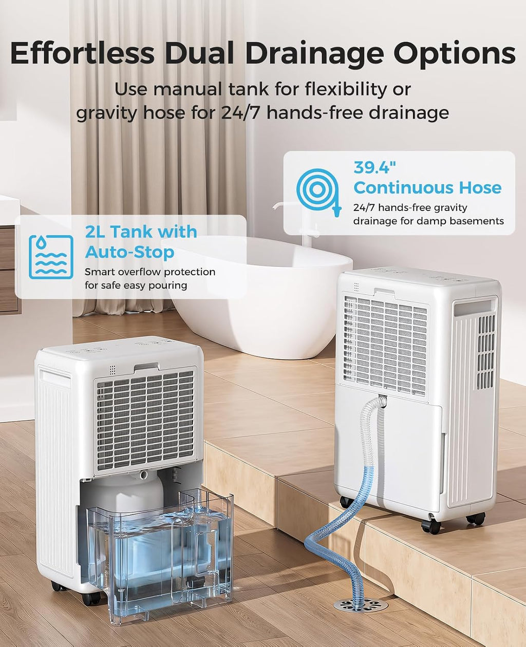 32 Pint Dehumidifier for Basement and Home, 2600 Sq Ft with Drain Hose