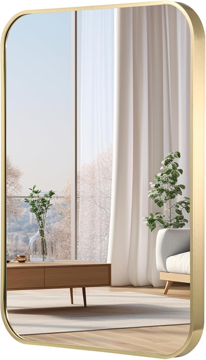 30x36 Inch Gold Bathroom Mirror, Brushed Gold Metal Framed Rectangular Mirror
