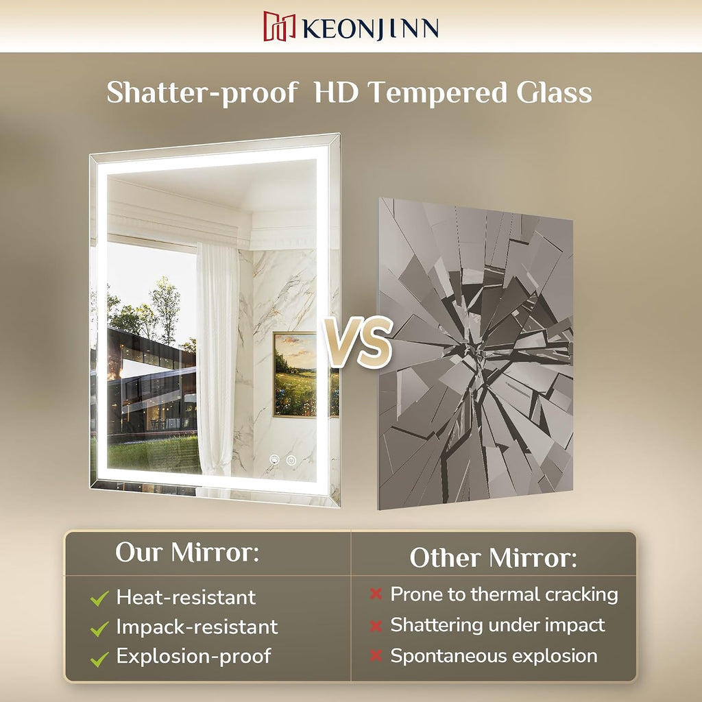 Keonjinn Beveled Bathroom Mirror with Lights 28" x 36", Frontlit & Backlit | HD Tempered Glass, Lighted Mirrors for Bathroom Wall, 3 Color Lights, Fast Defogging, Stepless Dimmable, Wall Switch/Plug in