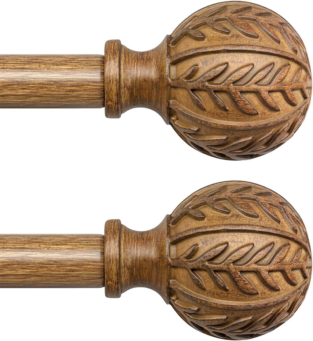 QDWIS 2 Pack Boho Wood Curtain Rods for Windows 48 to 84 inch,1" Adjustable Heavy Duty Window Curtain Rod with Imitation Wood Grain Finials,Rustic Decorative Drapery Rods Set 36-88'',Natural Wood