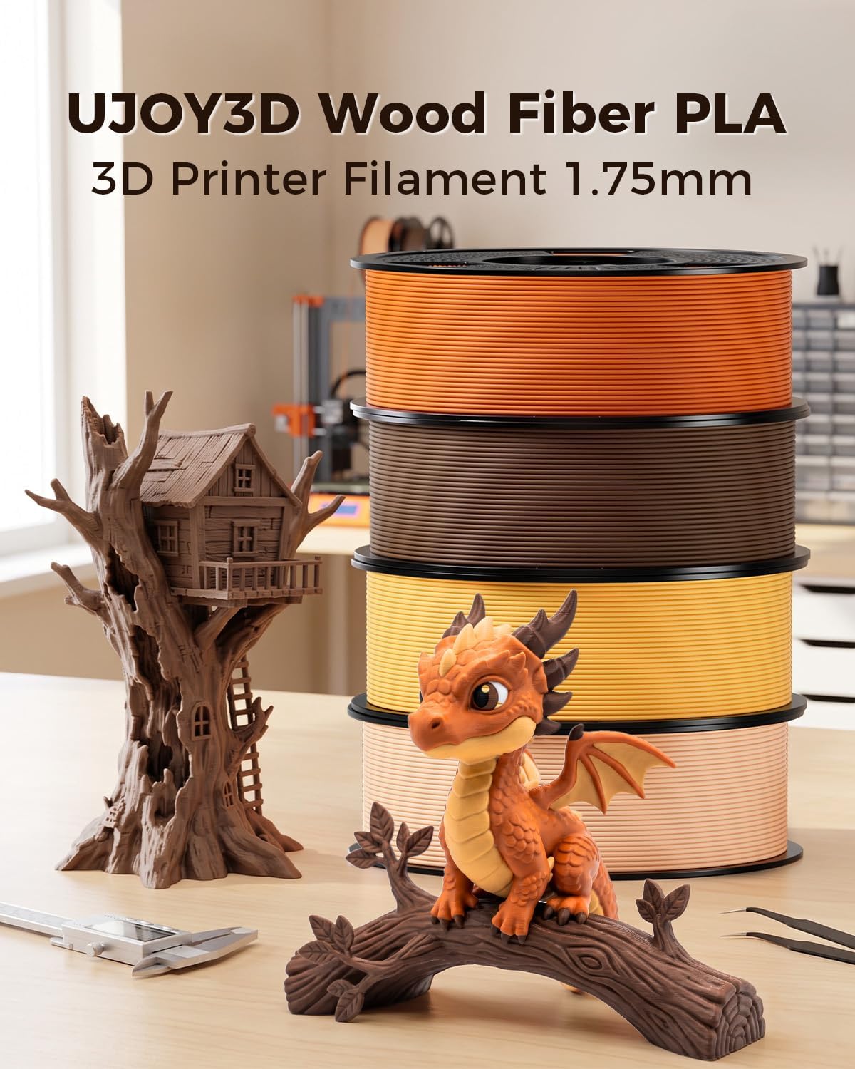 ujoy3d 4kg wood fiber pla filament 1.75mm bundle shown in use