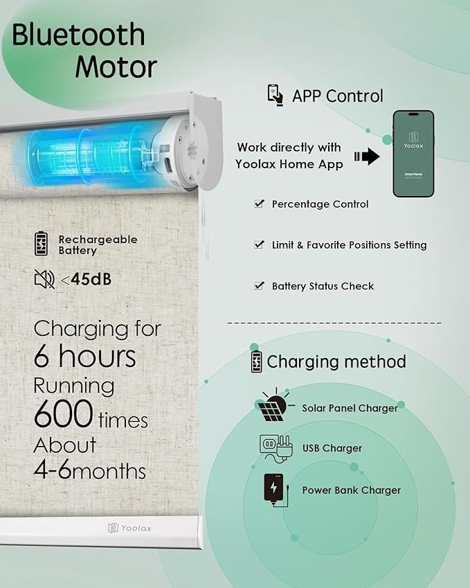 Yoolax Motorized Blinds App Control, Light Filtering Motorized Shades
