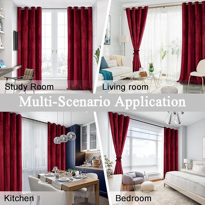 JIUZHEN Wine Red Velvet Curtains 96 inches Blackout Curtains