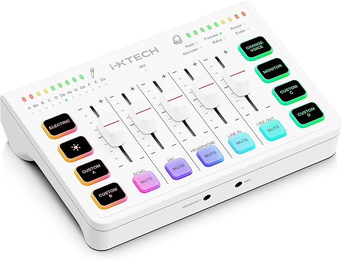 IXTECH Gaming Audio Mixer 4 Channel Soundboard, Streaming RGB PC Audio Interface