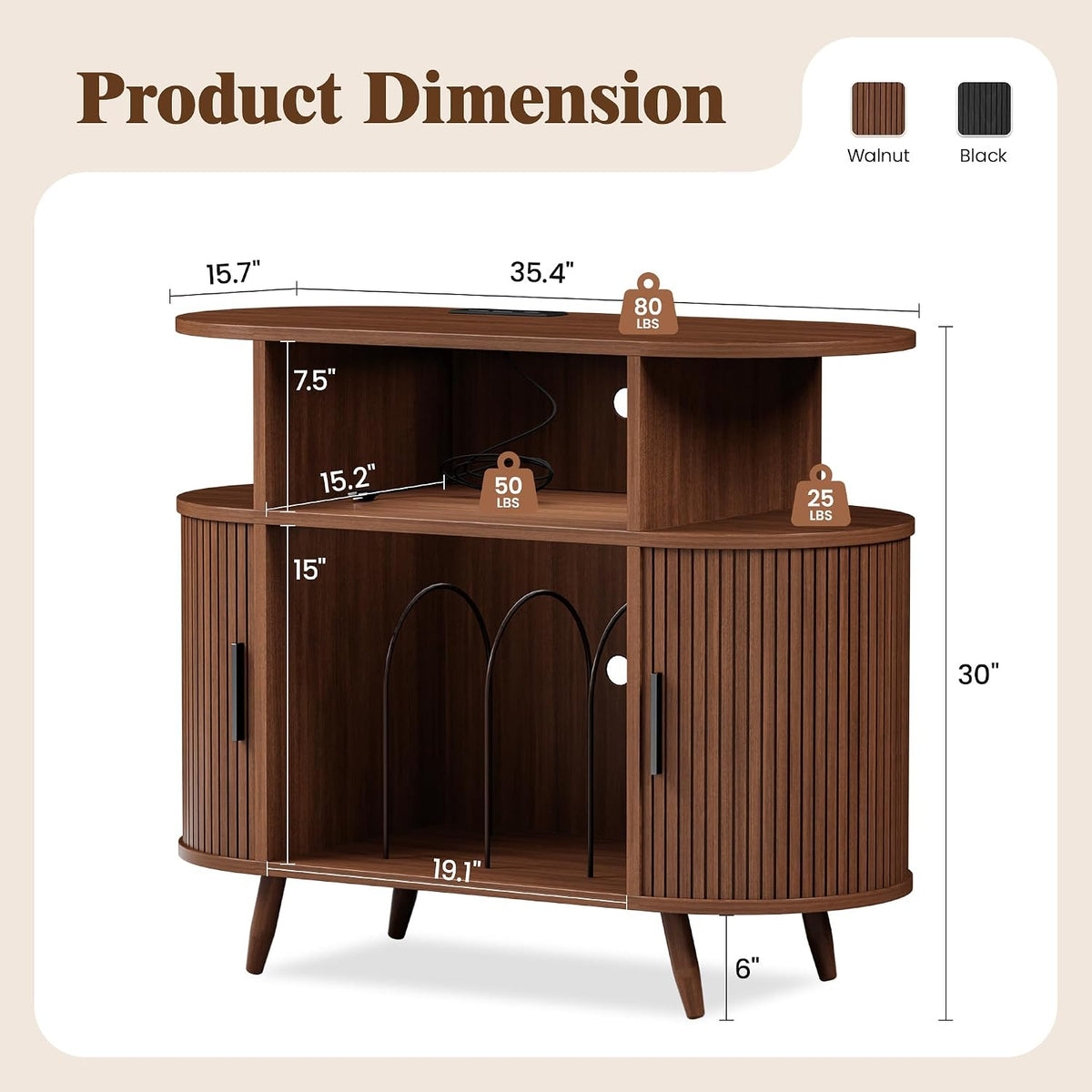35" Record Player Stand with Storage, Media Stereo Shelf Charging, Walnut