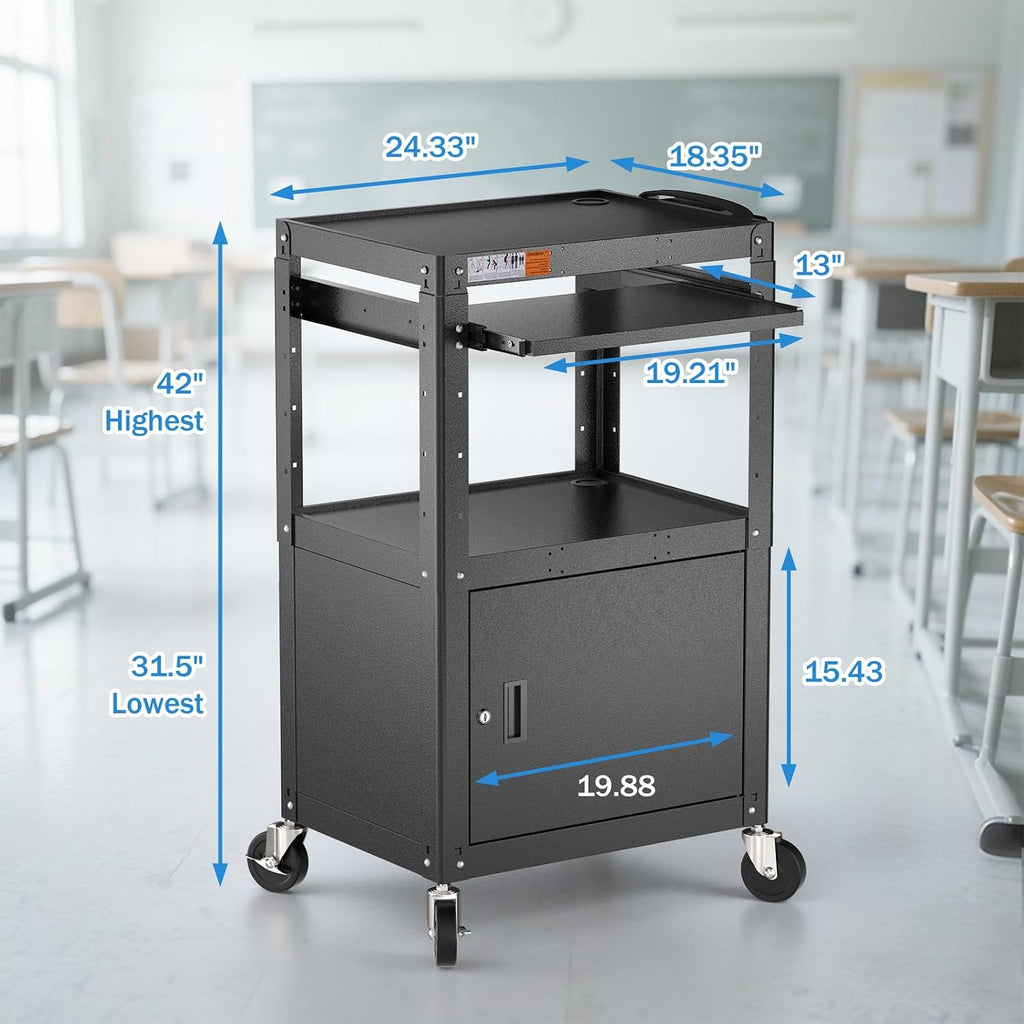 POCHAR Steel Large AV Cart with Locking Cabinet - Adjustable Height Media Carts with Wheels, Pullout Tray, Power Strip for Mobile Work Station - Rolling Computer Cart for Office Classroom Presentation