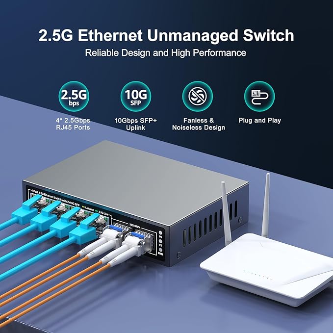 6 Port 2.5G Unmanaged Ethernet Switch, 4 x 2.5G Base-T Ports, 2 x 10G SFP+