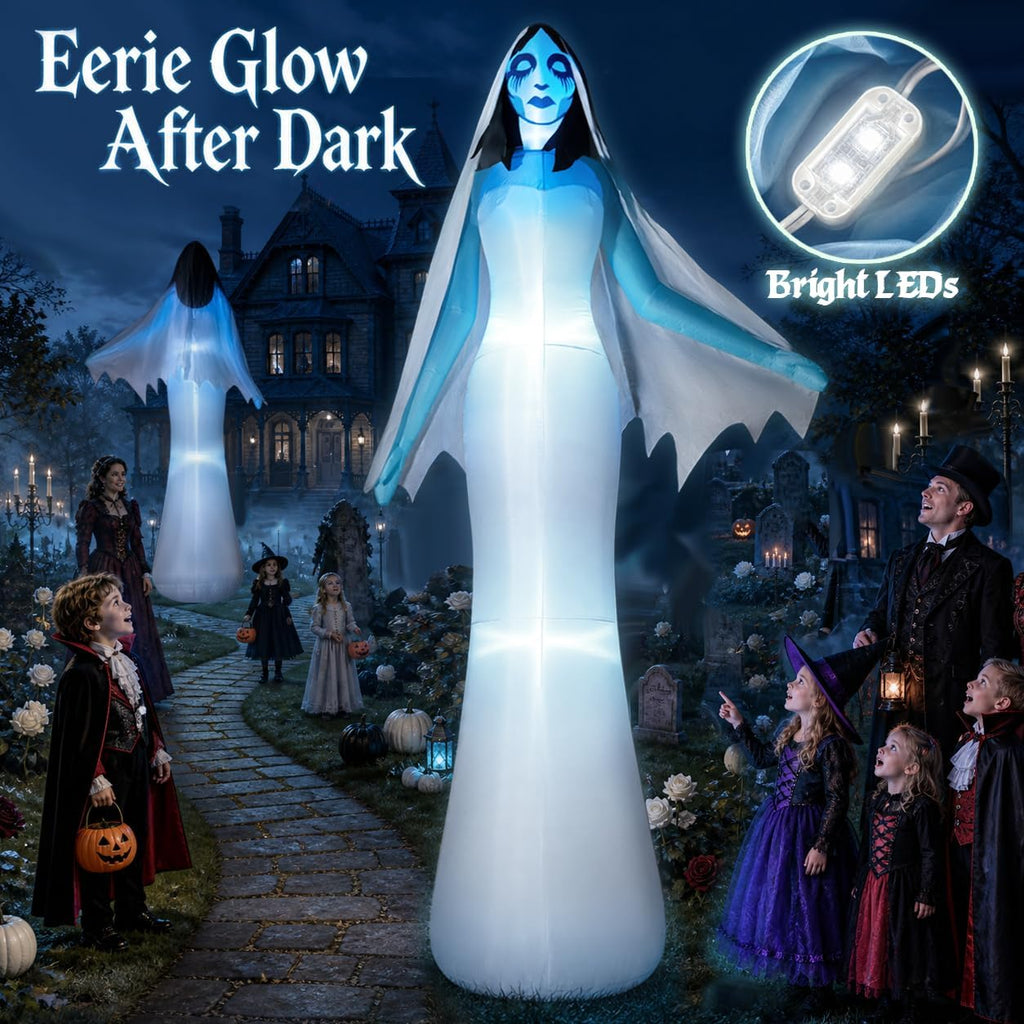 zukakii 12FT Giant Halloween Inflatables Ghost Bride with Built-in Whole-Body Blue LEDs, Spooky Halloween Decorations Outdoor Huge Blow Up Yard Decoration Creepy Blowups Large for Holiday & Party